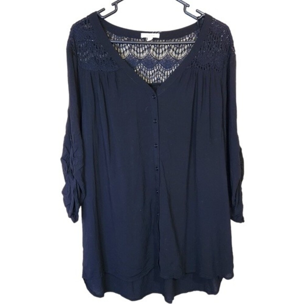 Pleione Lace Back 3/4 Sleeve Black Shirt Size Large